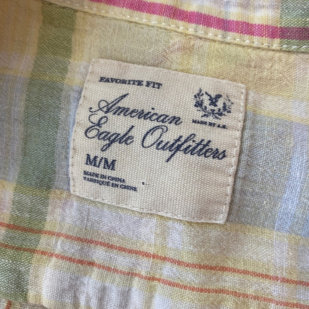 Vintage Y2K American Eagle Pastel Colorful Plaid Button Up Shirt Linen Blend M - Picture 7 of 13